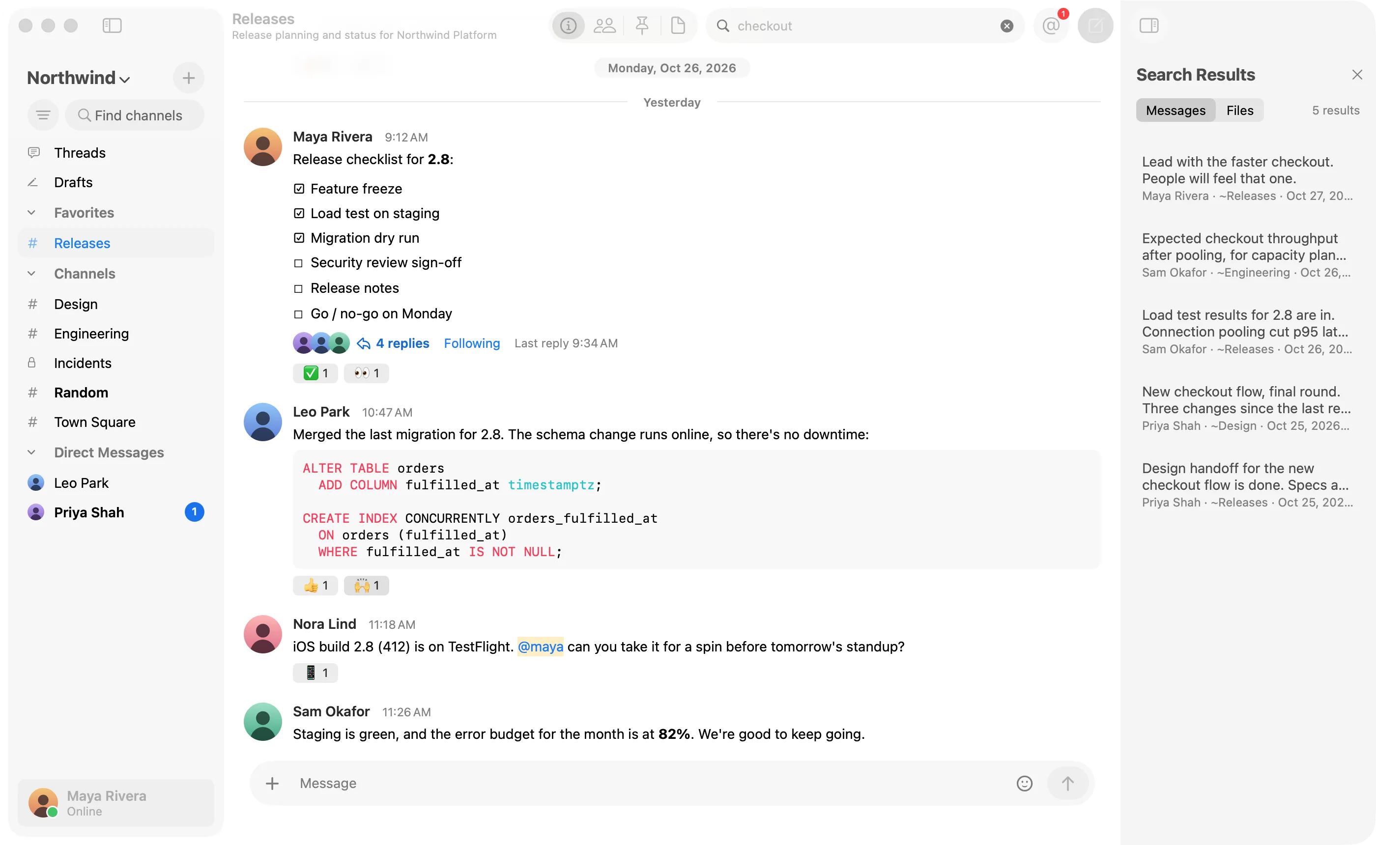 Search results for checkout in the inspector, beside the Releases channel.