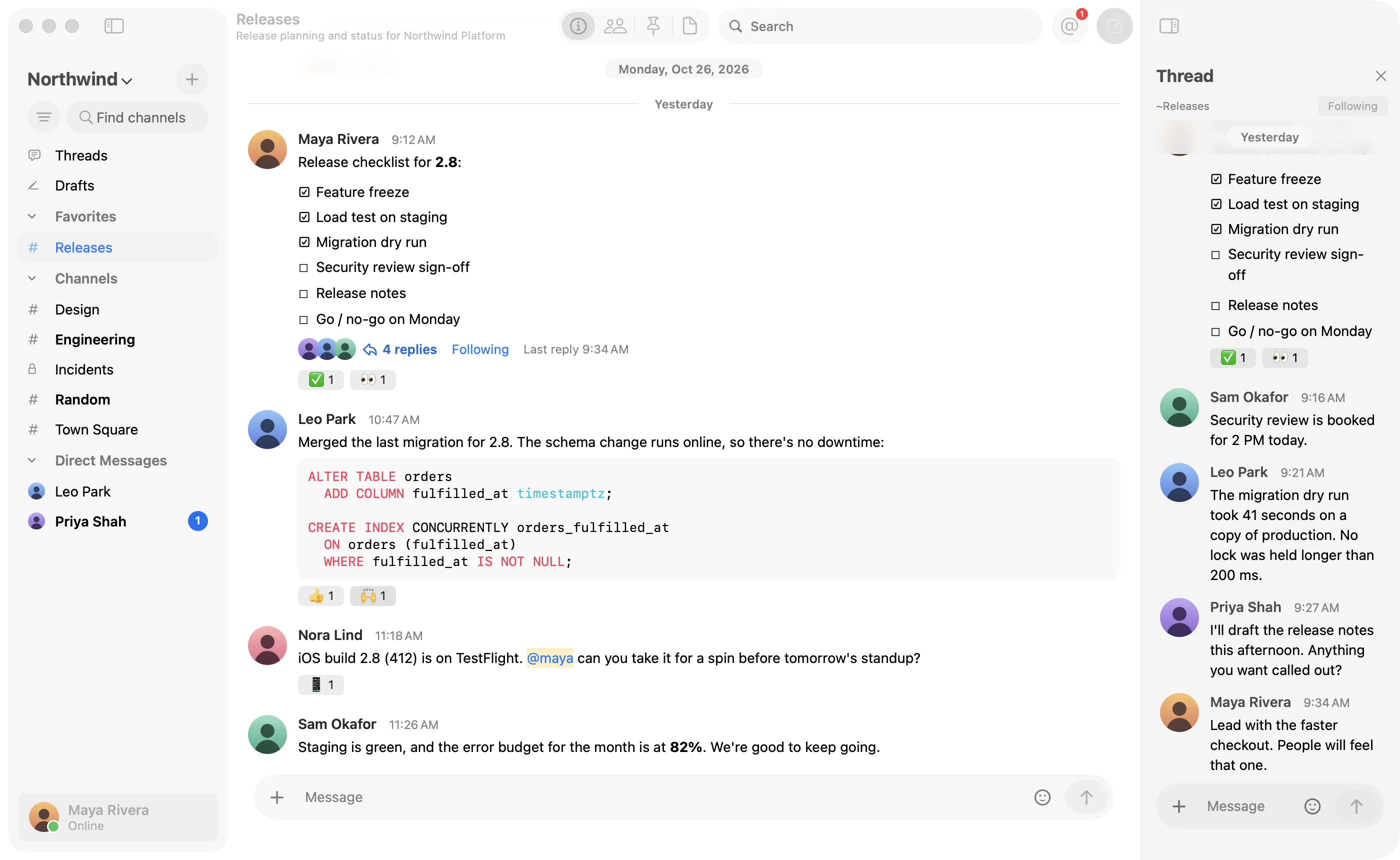 A release checklist in the Releases channel, with its thread of four replies open in the inspector.